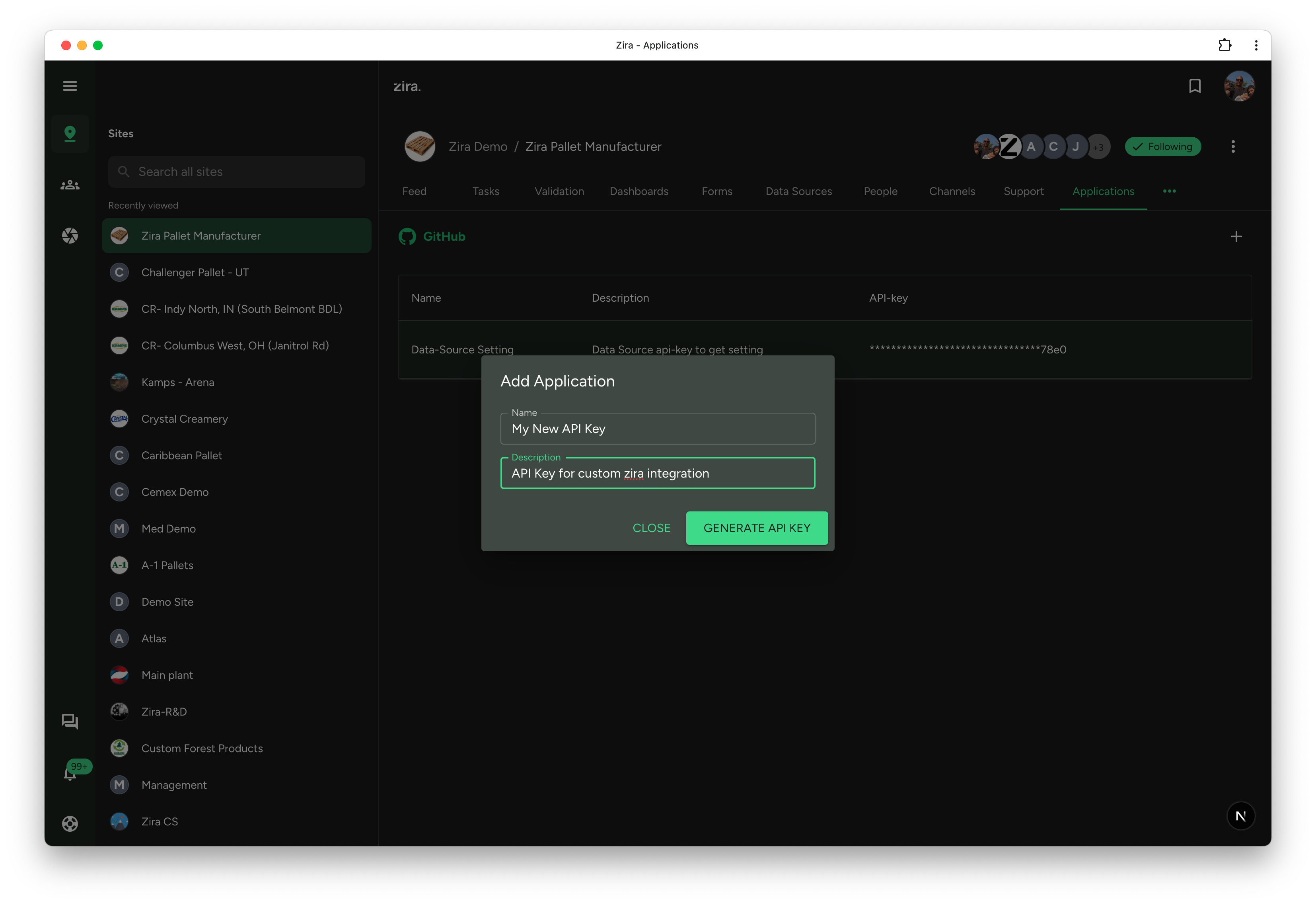 Applications tab with the add button