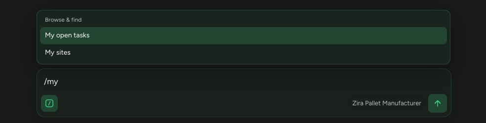 The Browse & find group in the / menu, with "My open tasks" and "My sites"