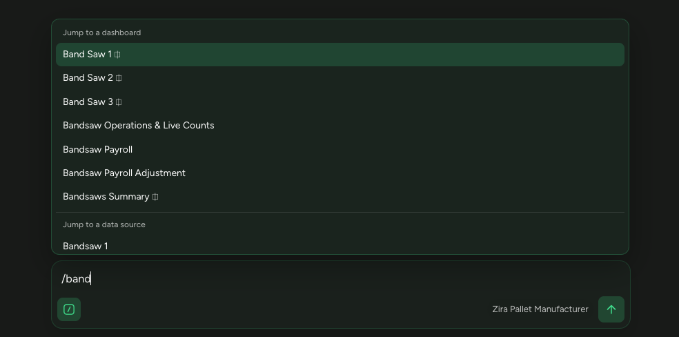 Typing /band filters the command menu down to matching dashboards and data sources