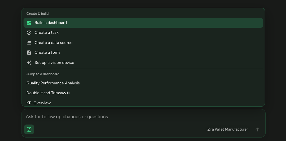 The / command menu open in the Home AI Assistant composer, showing Create & build actions and recent dashboards to jump to