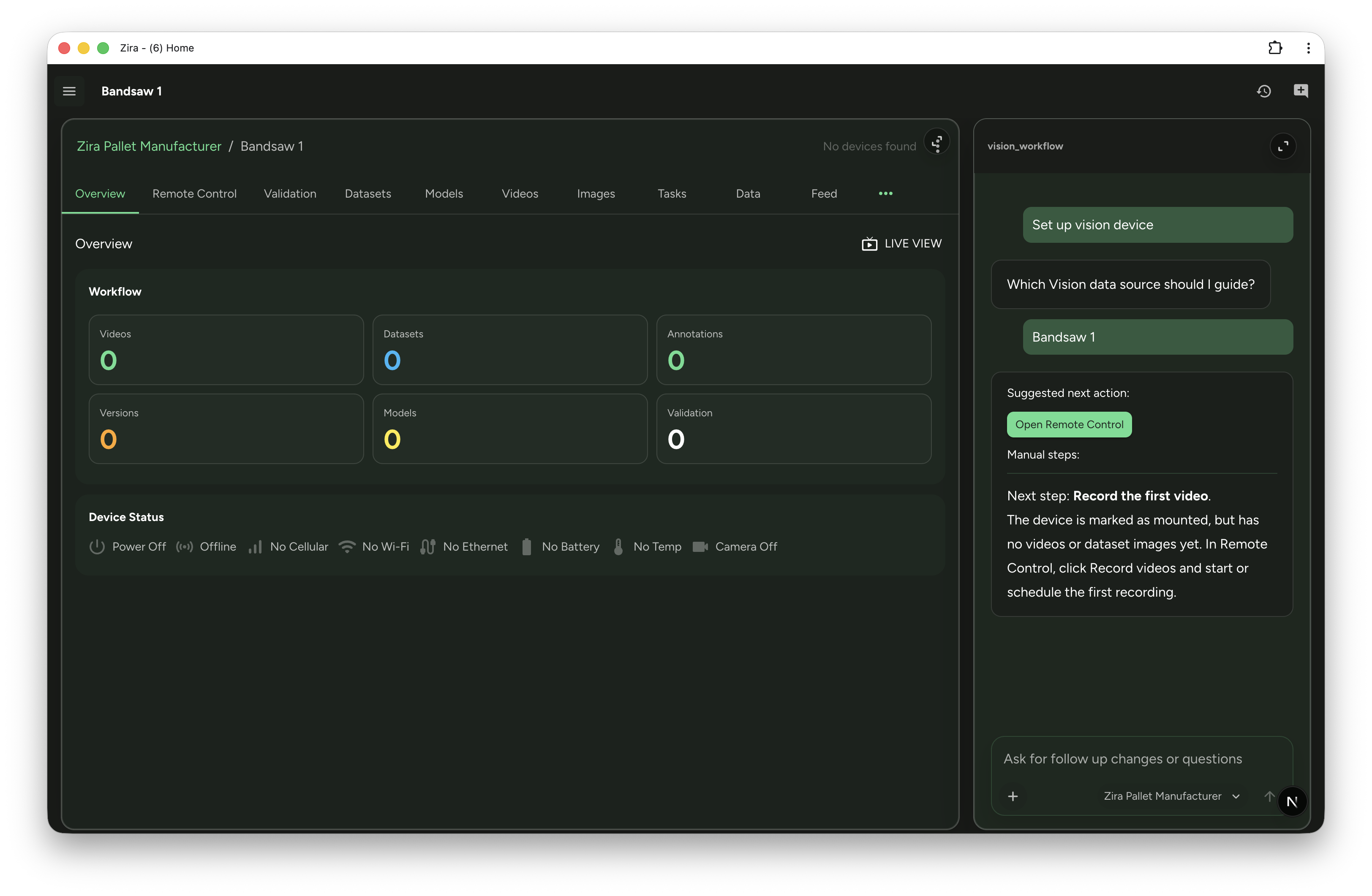 Home AI Assistant guiding the setup of a Vision data source, with a suggested next action and manual steps