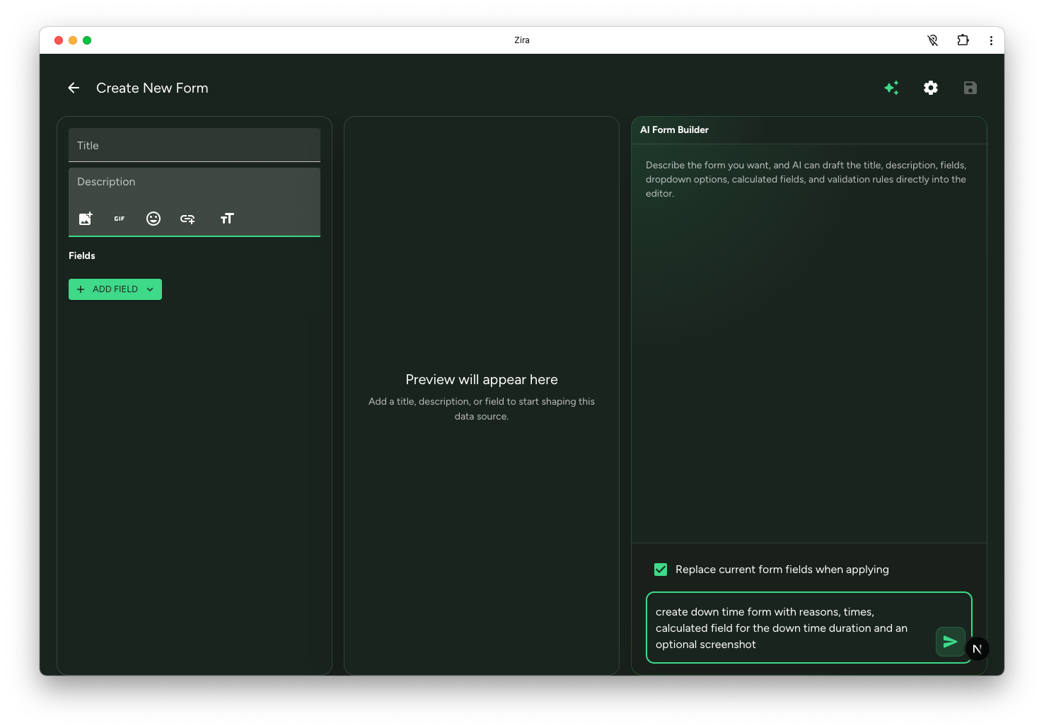 AI Form Builder open with a prompt ready to generate the form draft.