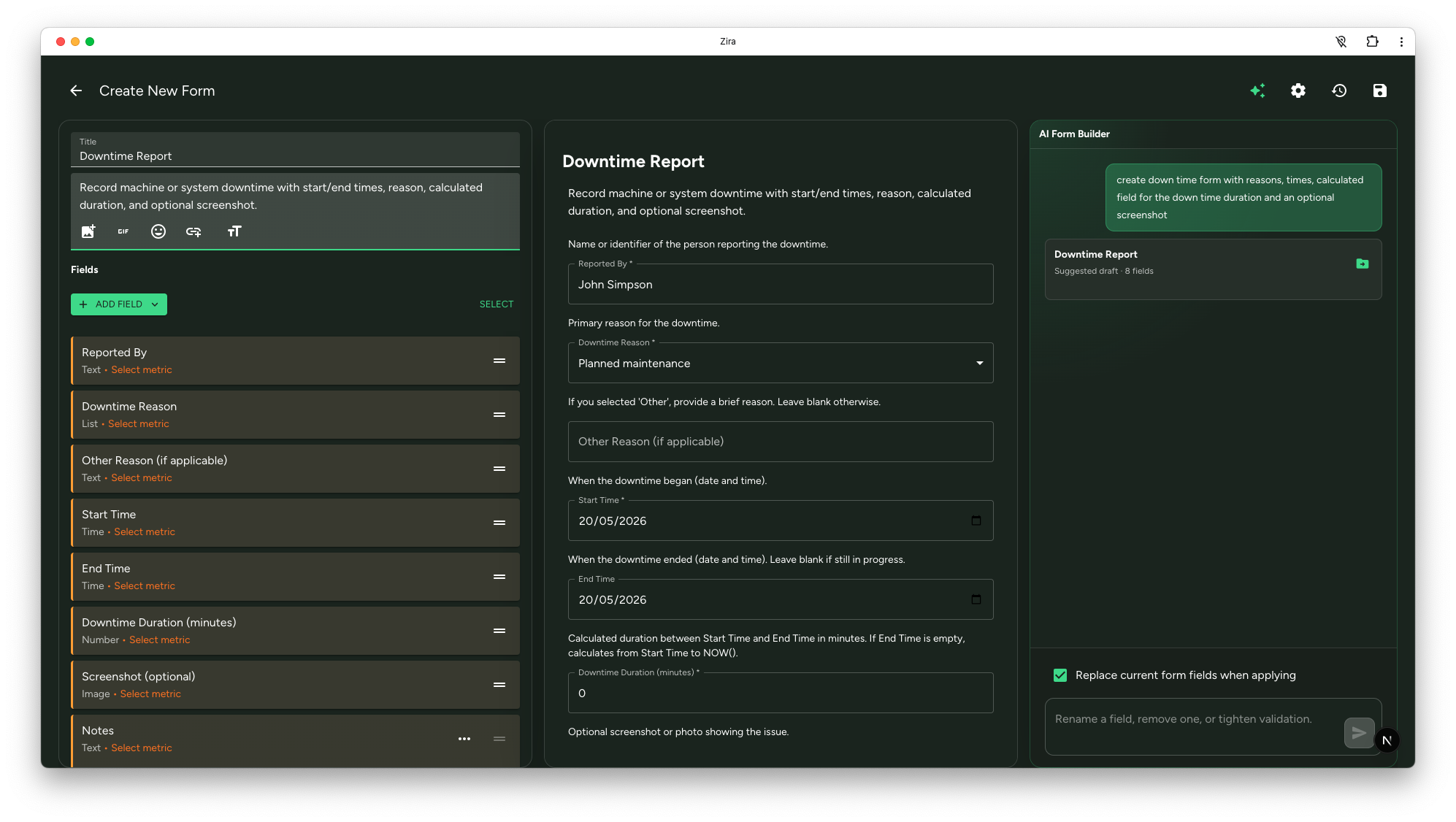 AI Form Builder showing a downtime report with generated fields and preview.