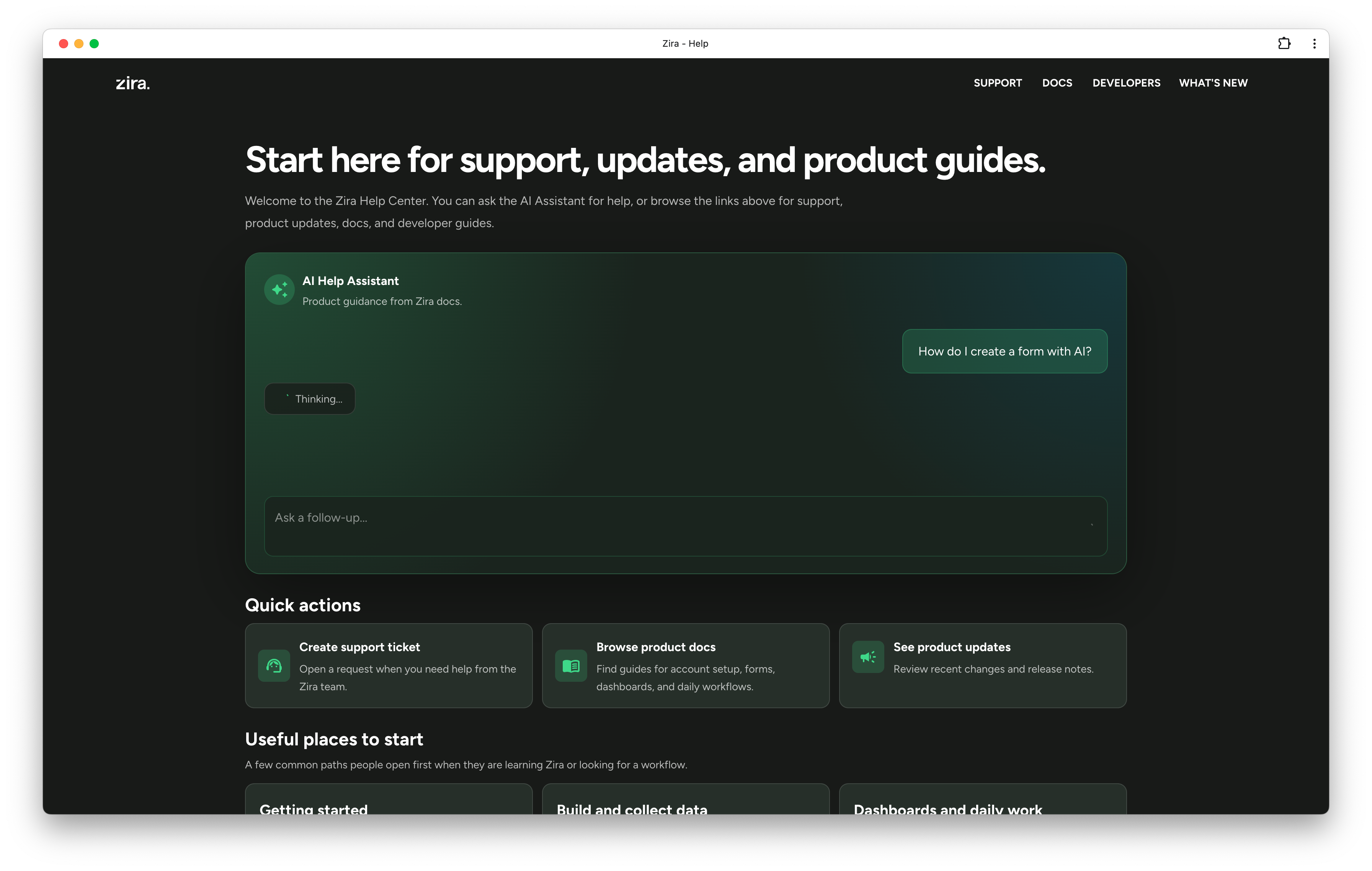 Help page showing the AI Help Assistant card near the top.