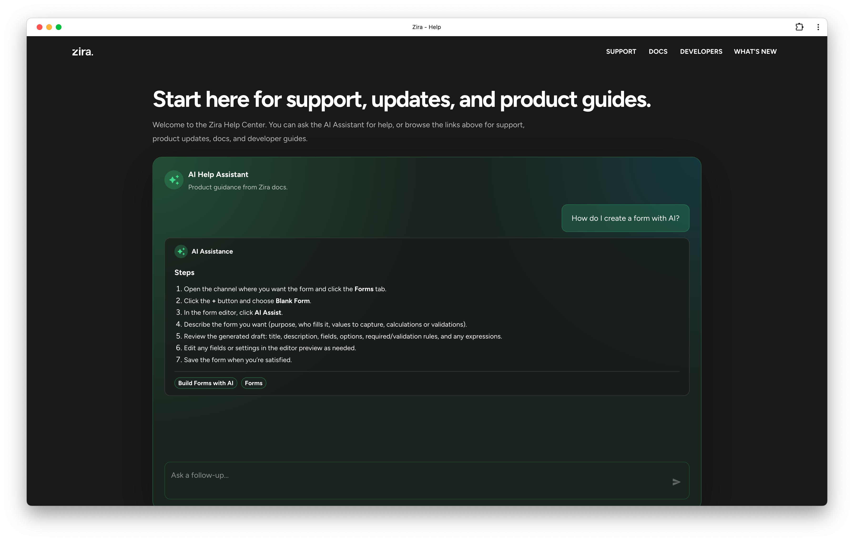 AI Help Assistant showing a steps-based answer with doc chips underneath.
