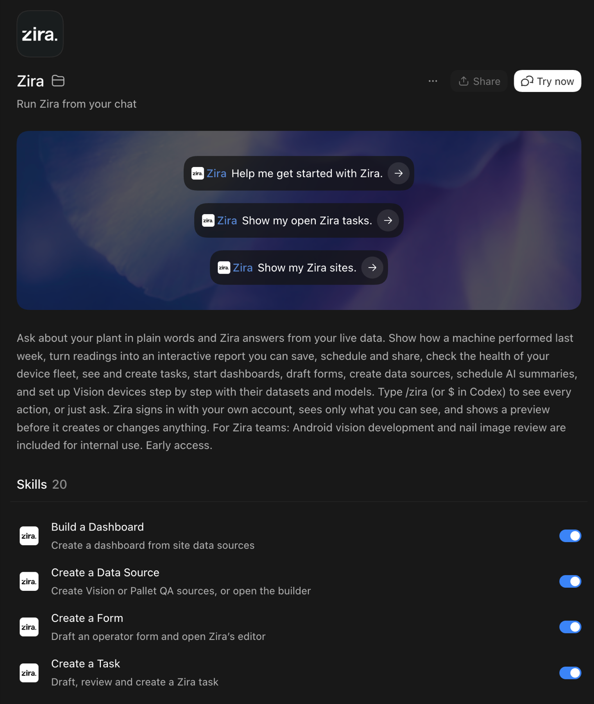 The Zira plugin page in Codex, with starter questions and the list of Zira skills.