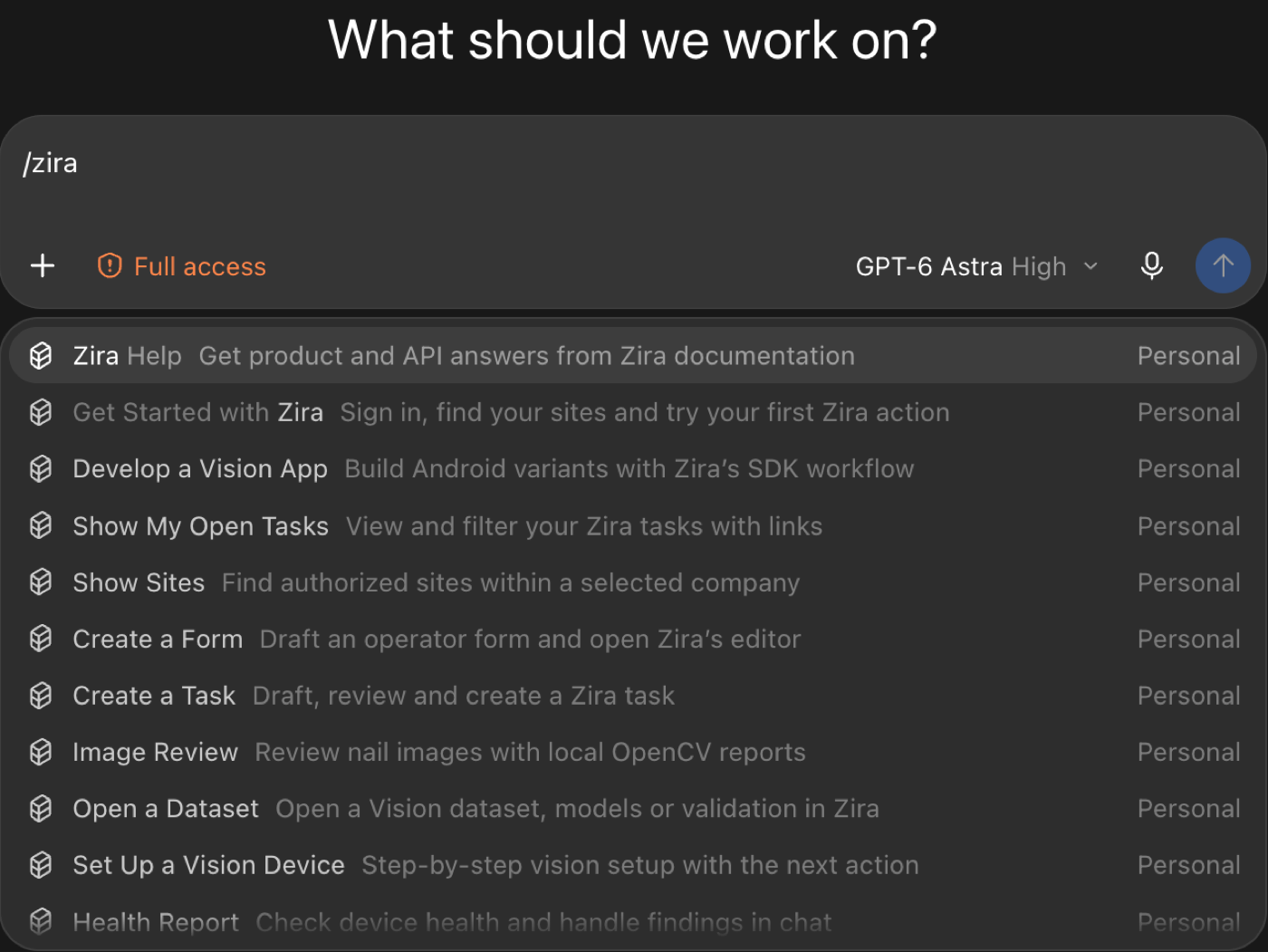 The Zira actions listed after typing /zira in Codex.