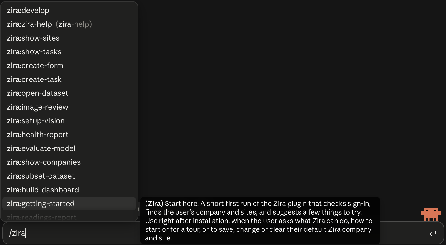 The Zira actions listed after typing /zira in Claude, with a description of Get Started.