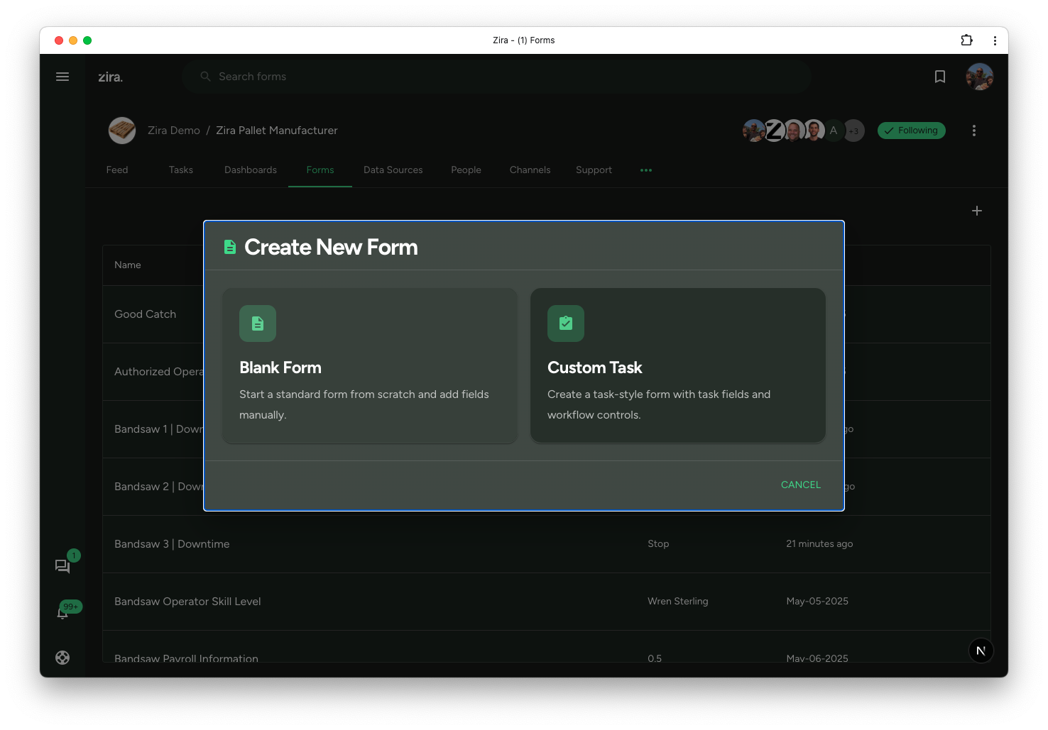 Create New Form options with Blank Form and Custom Task.