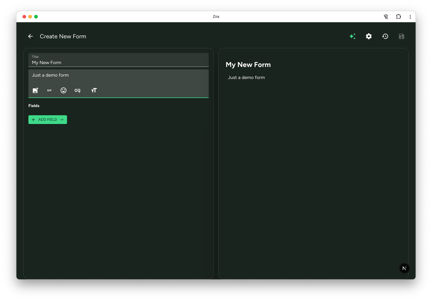 Blank form editor with title, description, Add Field, and live preview.