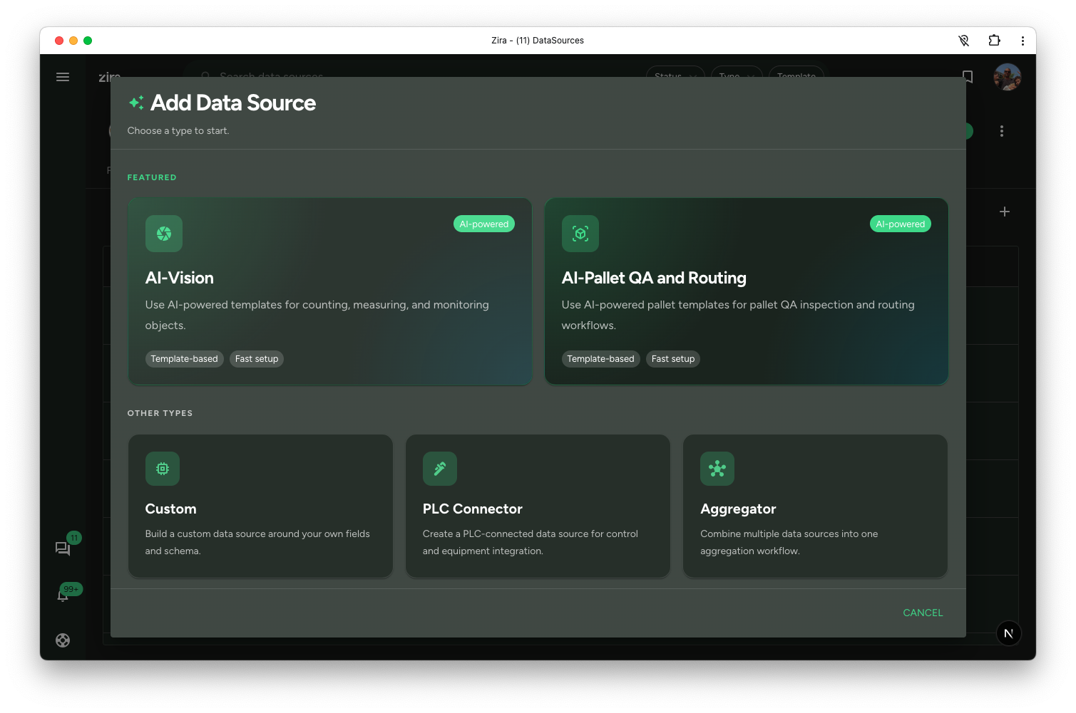 Add Data Source dialog showing AI-Pallet QA and Routing as one of the available types.
