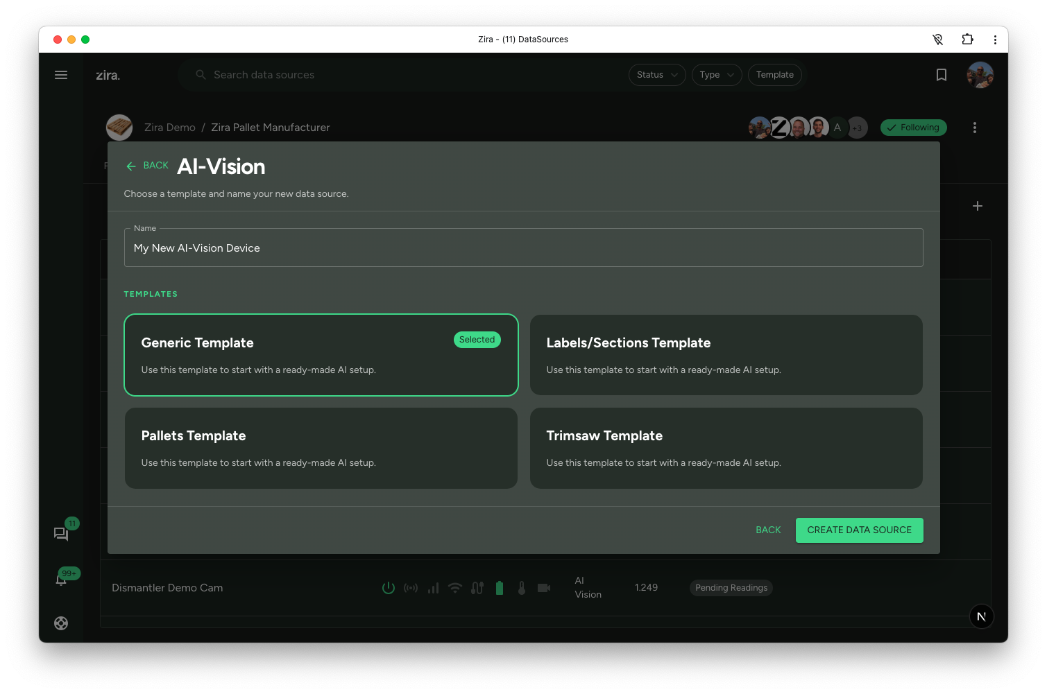 AI-Vision setup showing the data source name field and available templates.
