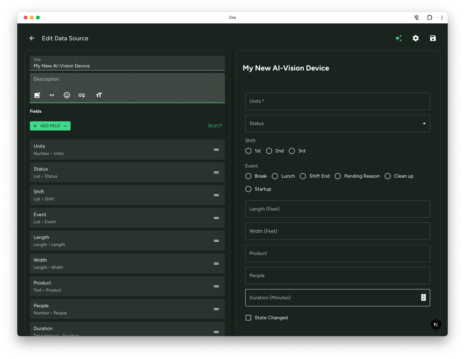 AI-Vision data source editor showing the built-in fields and live form preview.