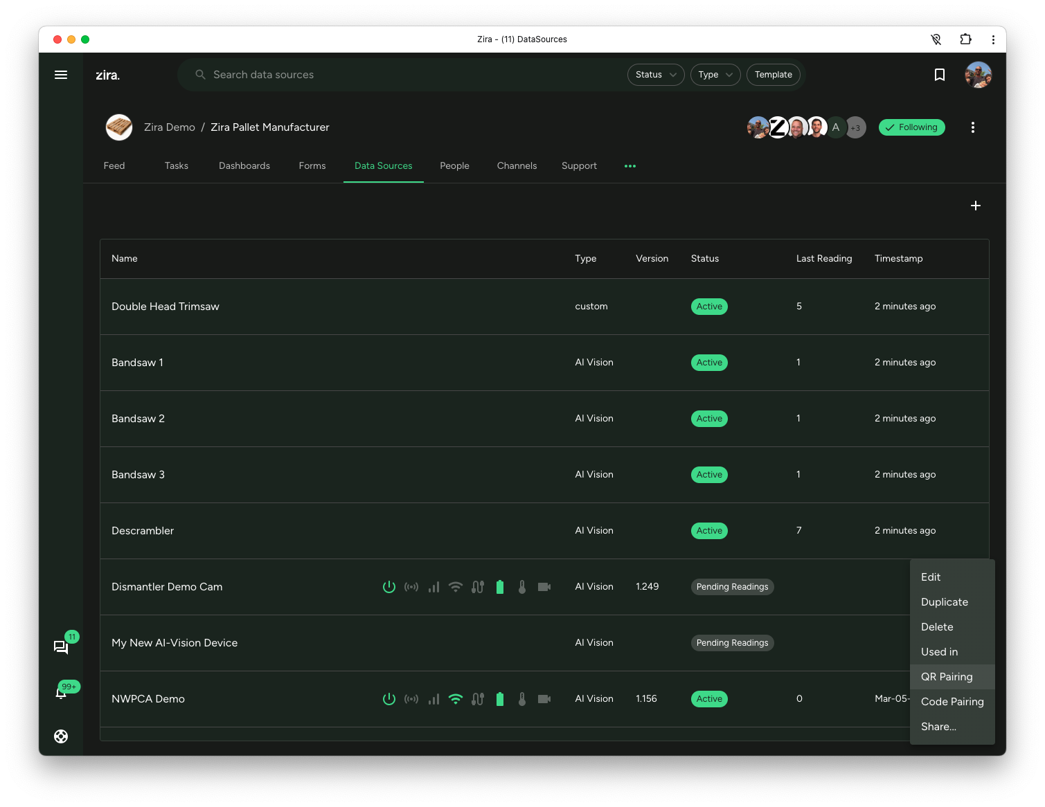 Data source row actions menu with QR Pairing and Code Pairing options.