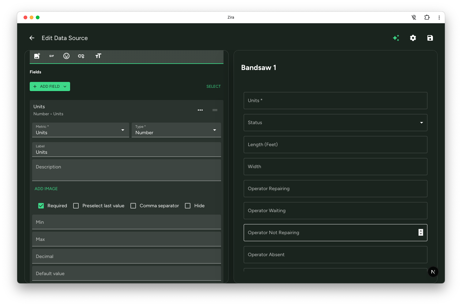 Data source editor showing field settings and the live preview.