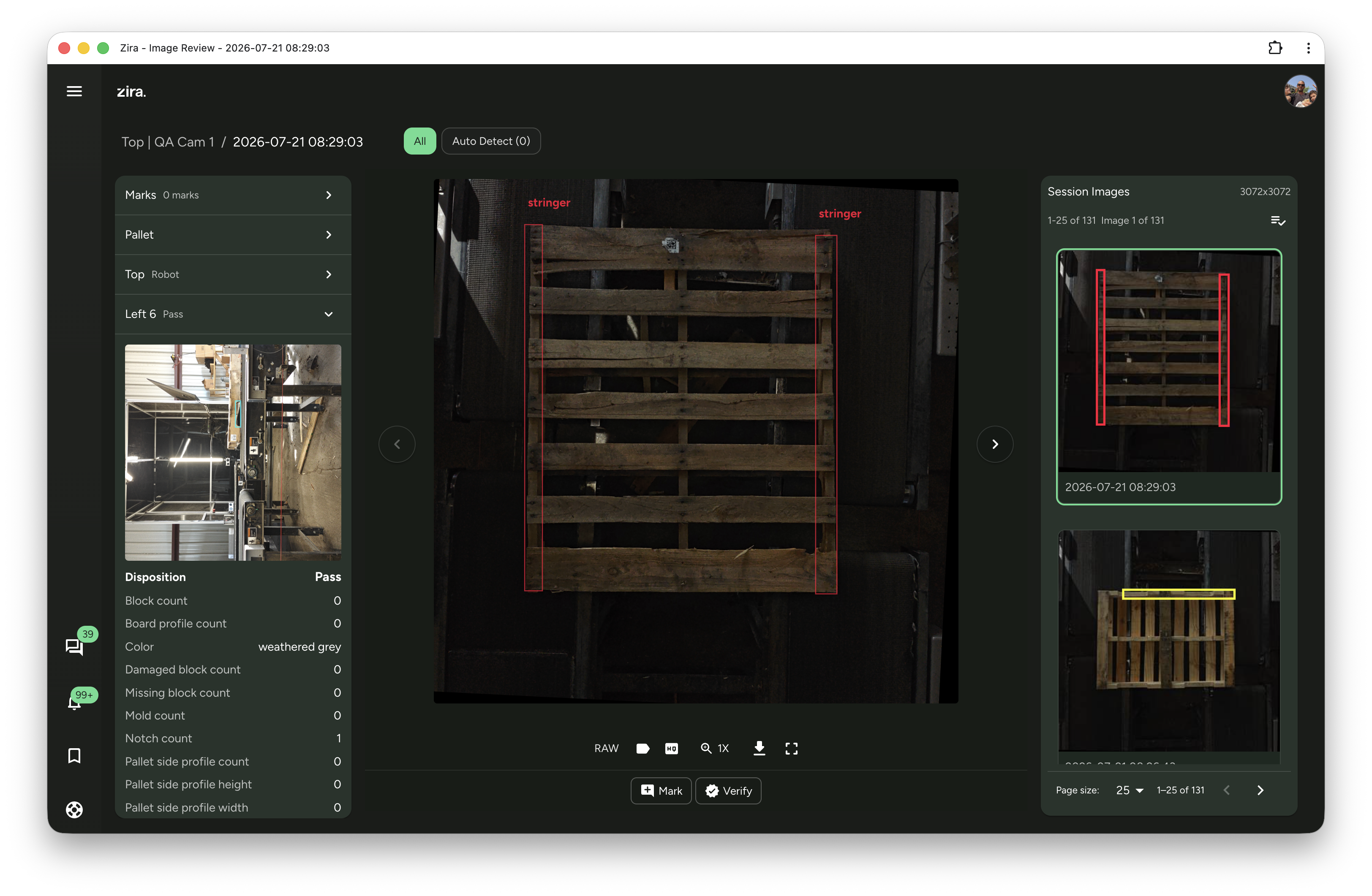 Image Review page with marks, inspection details, and the current session image list.