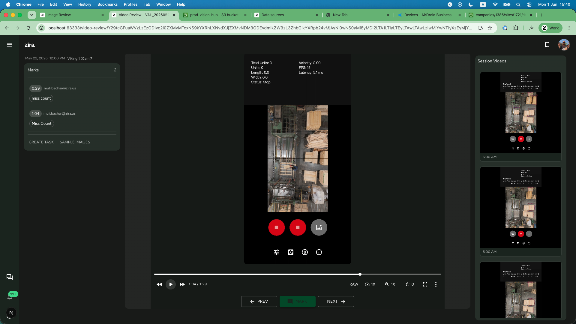 Video Review page with marks, playback controls, and the Session Videos gallery.