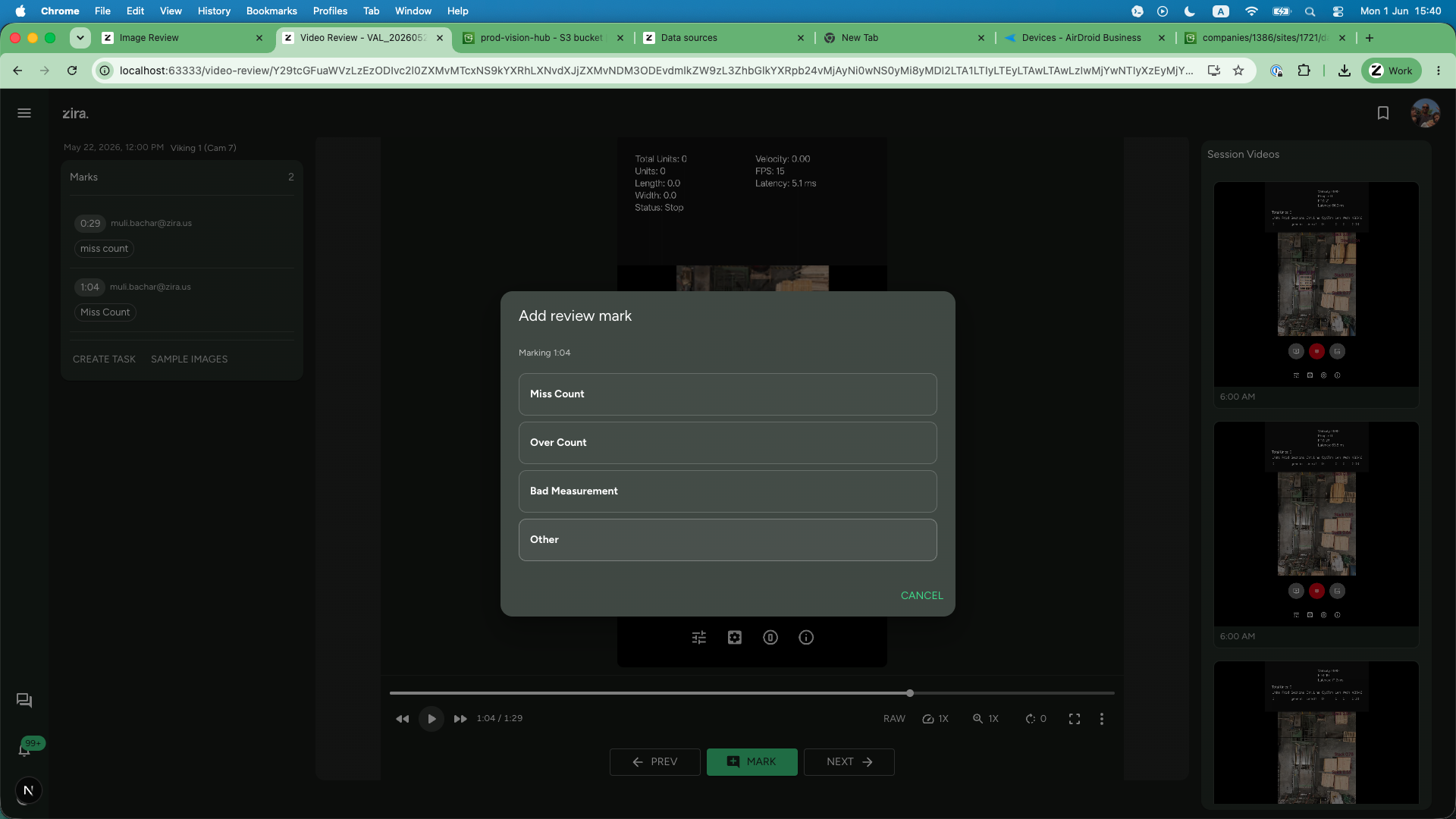 Video Review mark dialog with review choices.