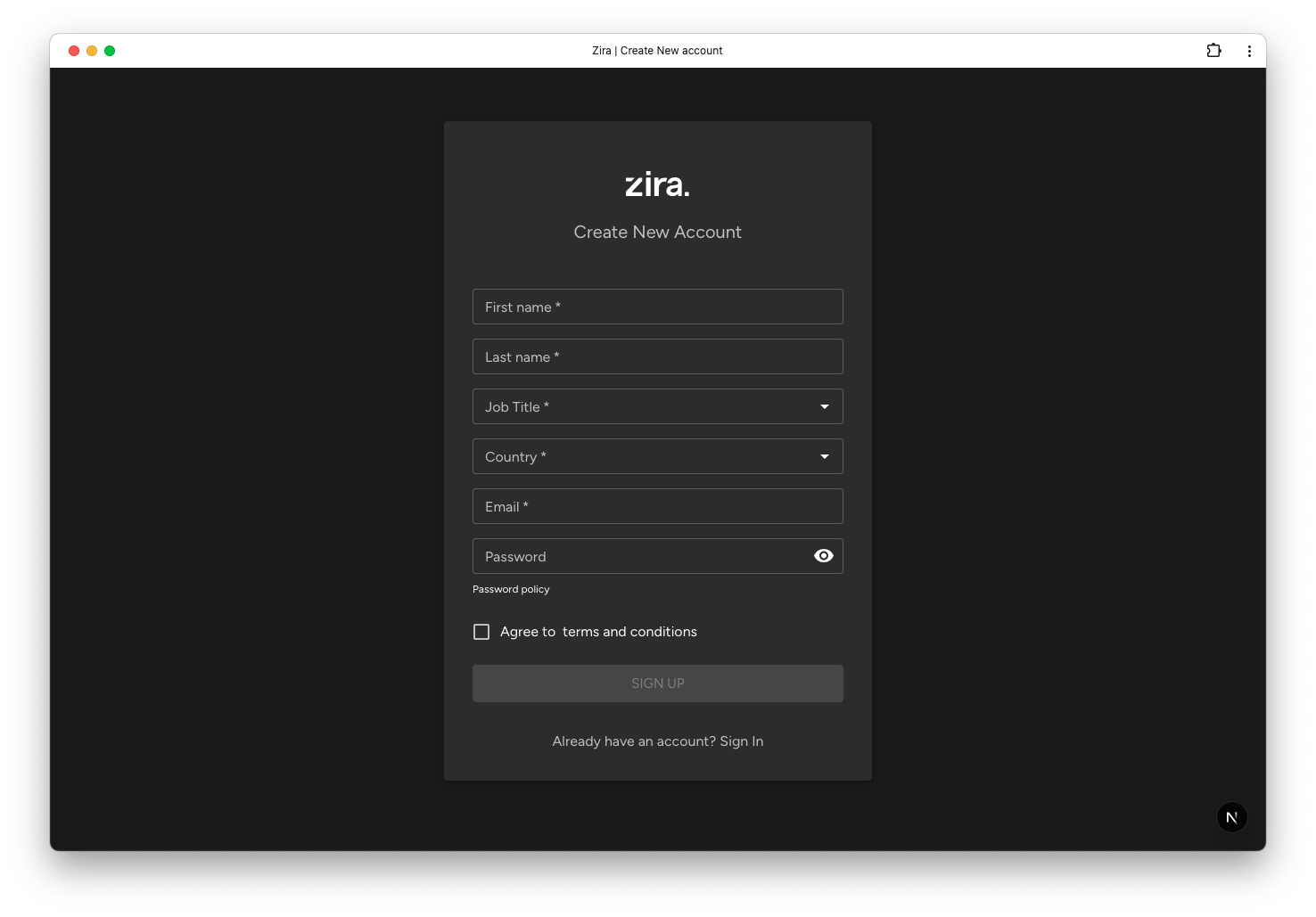 Sign-up page with the account details fields visible.