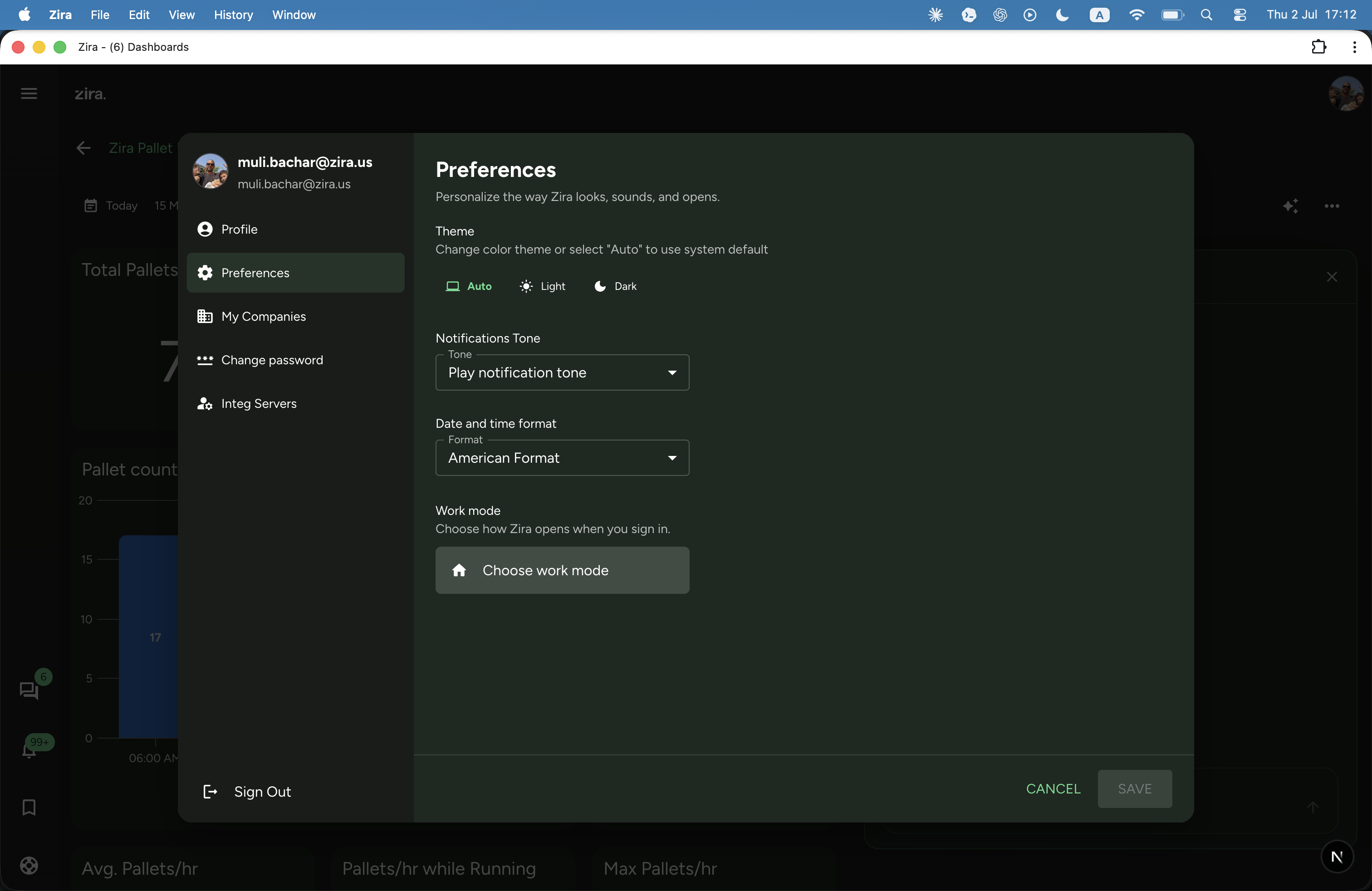Preferences with the Work mode section and the Choose work mode button.