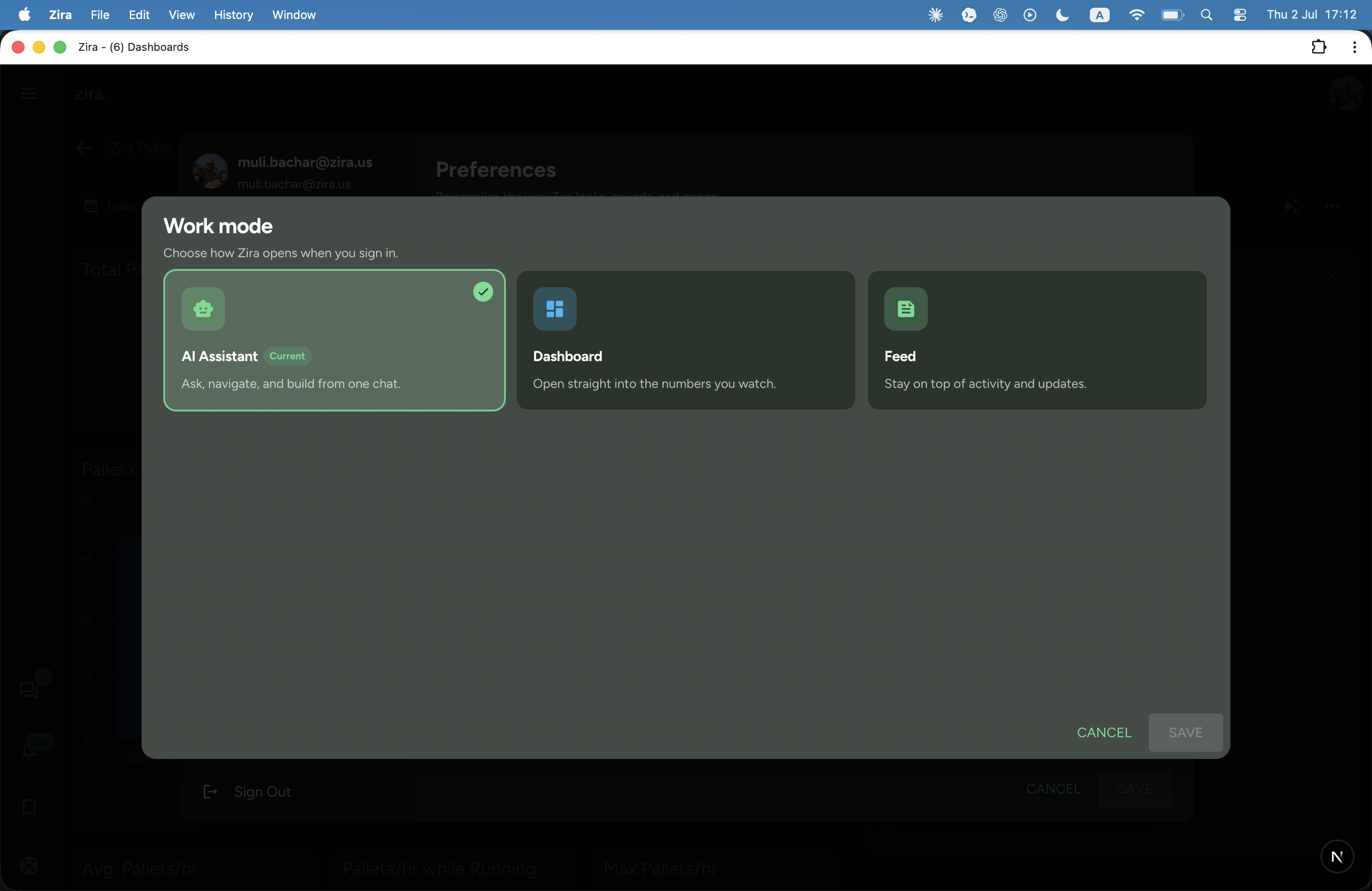 The Work mode dialog with AI Assistant, Dashboard, and Feed cards.