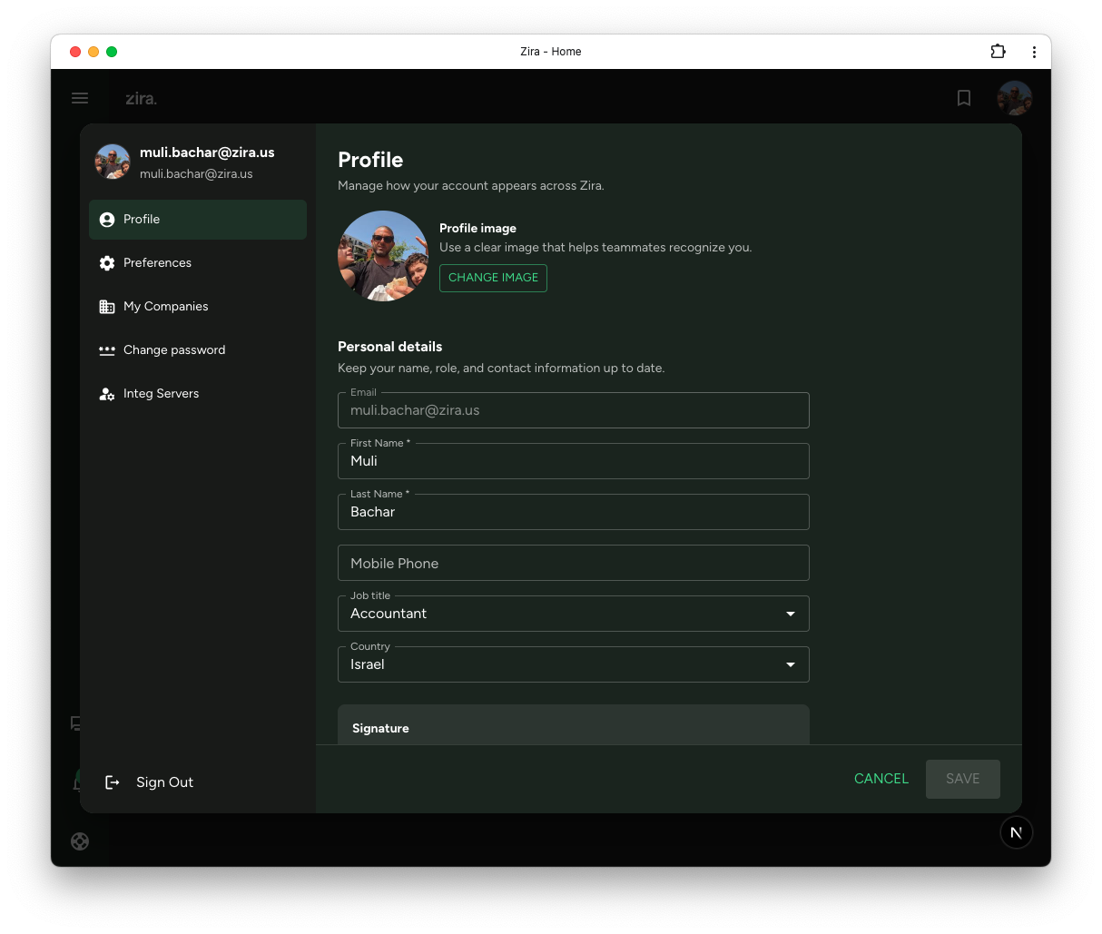 Profile tab with profile image, personal details, and signature area.